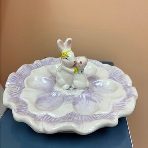 Ceramic Bunny Egg Plate - Purple and White